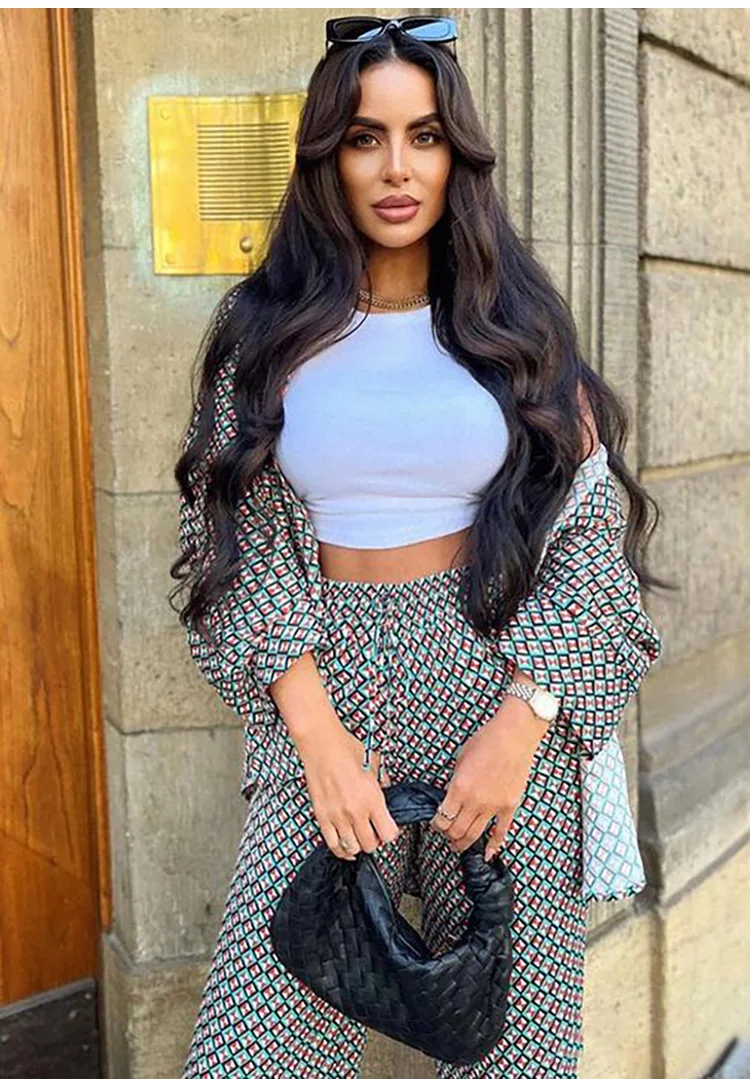 Women's Pajamas Set Geometric Pattern Print Loose Sleepwear Long-Sleeved Shirt Ethnic Style High Waist Straight Trousers Suit