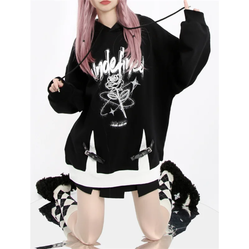 

Hikigawa шикарные модные женские кофты в стиле пэчворк с кожаной пряжкой и разрезом Осенняя уличная одежда с буквенным принтом женский топ