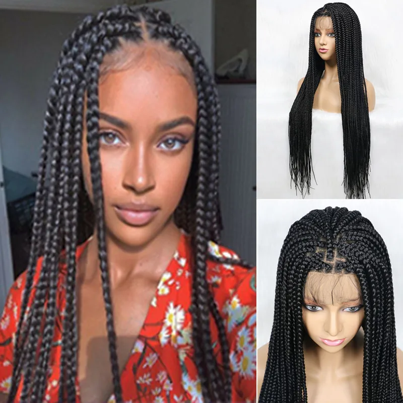 

Парик длинный Плетеный косички для женщин, синтетические волосы черного цвета, полностью кружевной, из термостойкого волокна, для косплея