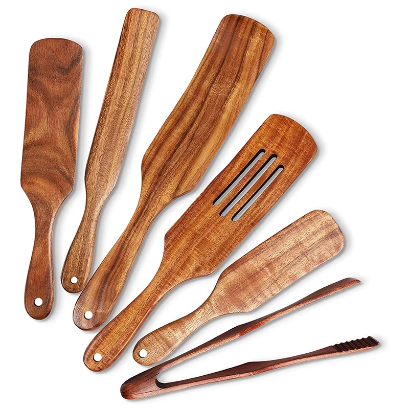 

6 Pcs Wooden Spurtle Set, Teak Spurtle Set Heat Resistant Wooden Spatula Cooking Utensils Set Non-Stick Wooden Spoons