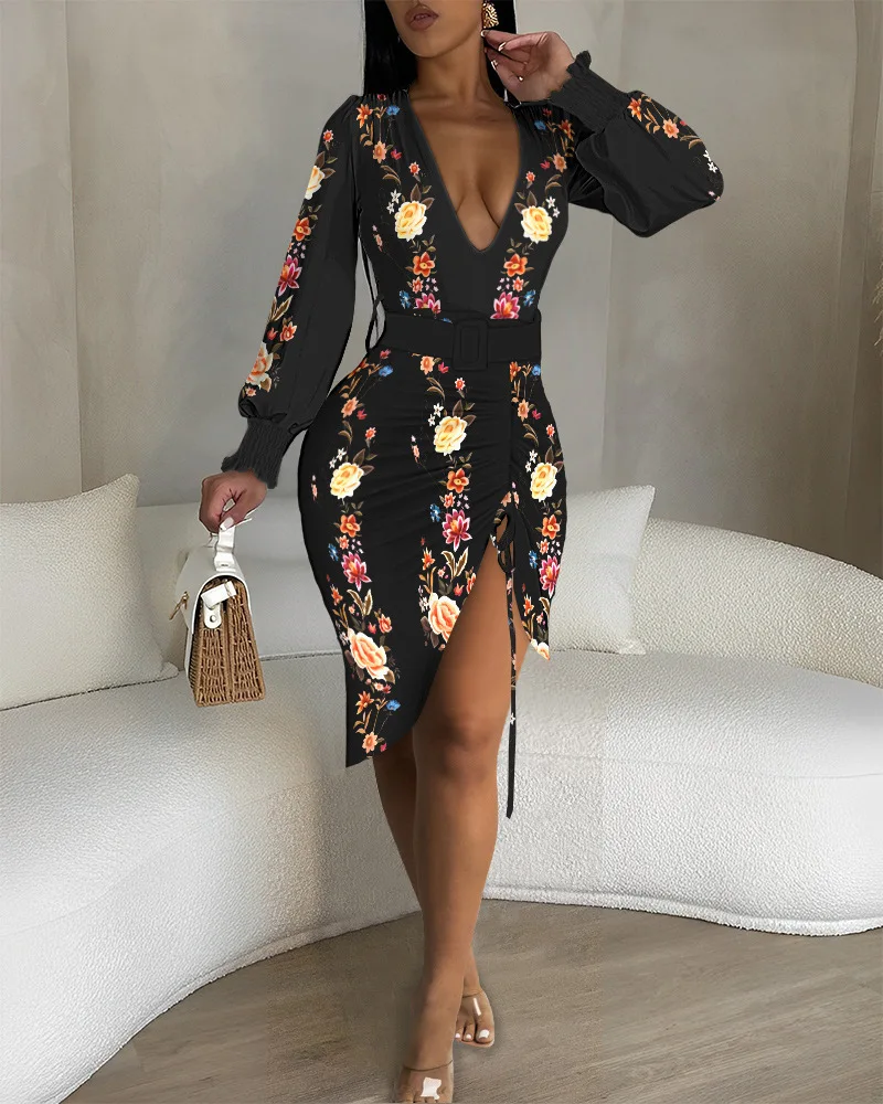 

Floral Print Plunge Slit Drawstring Midi Dress Women New Spring Summer V Neck High Waist Long Dress