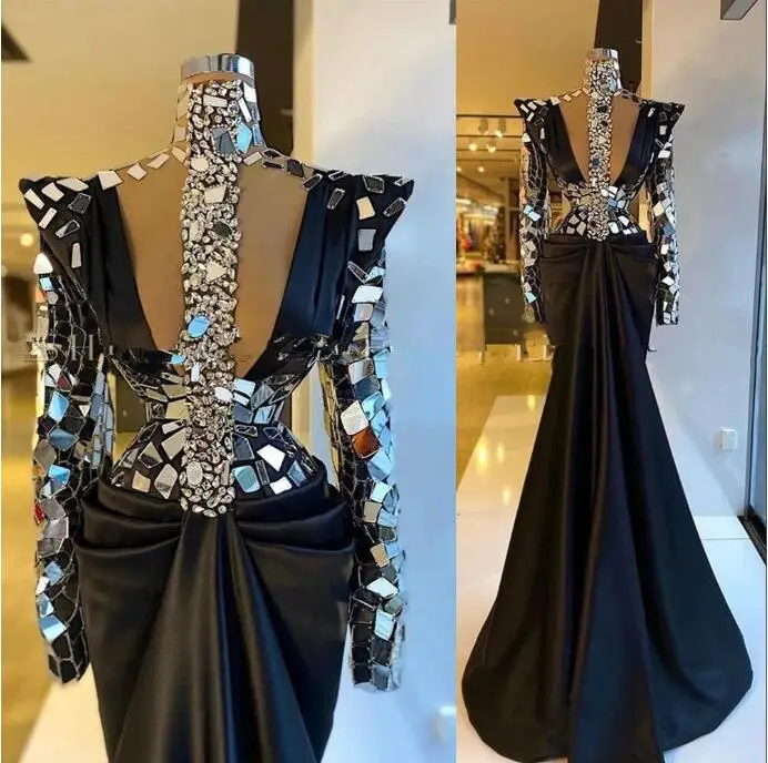 

Black aso ebi Evening Dresses Wear Sparkly Long Sleeves High Neck Illusion Crystal Beading Satin mirror Mermaid Prom Gowns