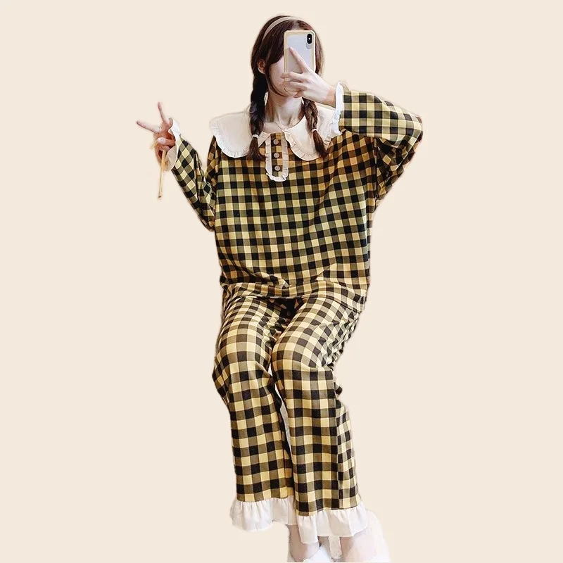 Women's Pajamas Set Full Sleeve Shirt Sexy Red Plaid Print Spring Cute Pyjama Loose Sweet Princess Homewear Cozy Sleepwear