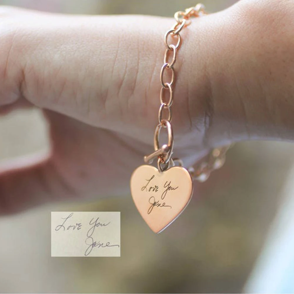 Personalised Ladies Fashion Bracelet Custom Heart-shaped Pendant Stainless Steel Braceletcarving Handwritten Signature Font Name