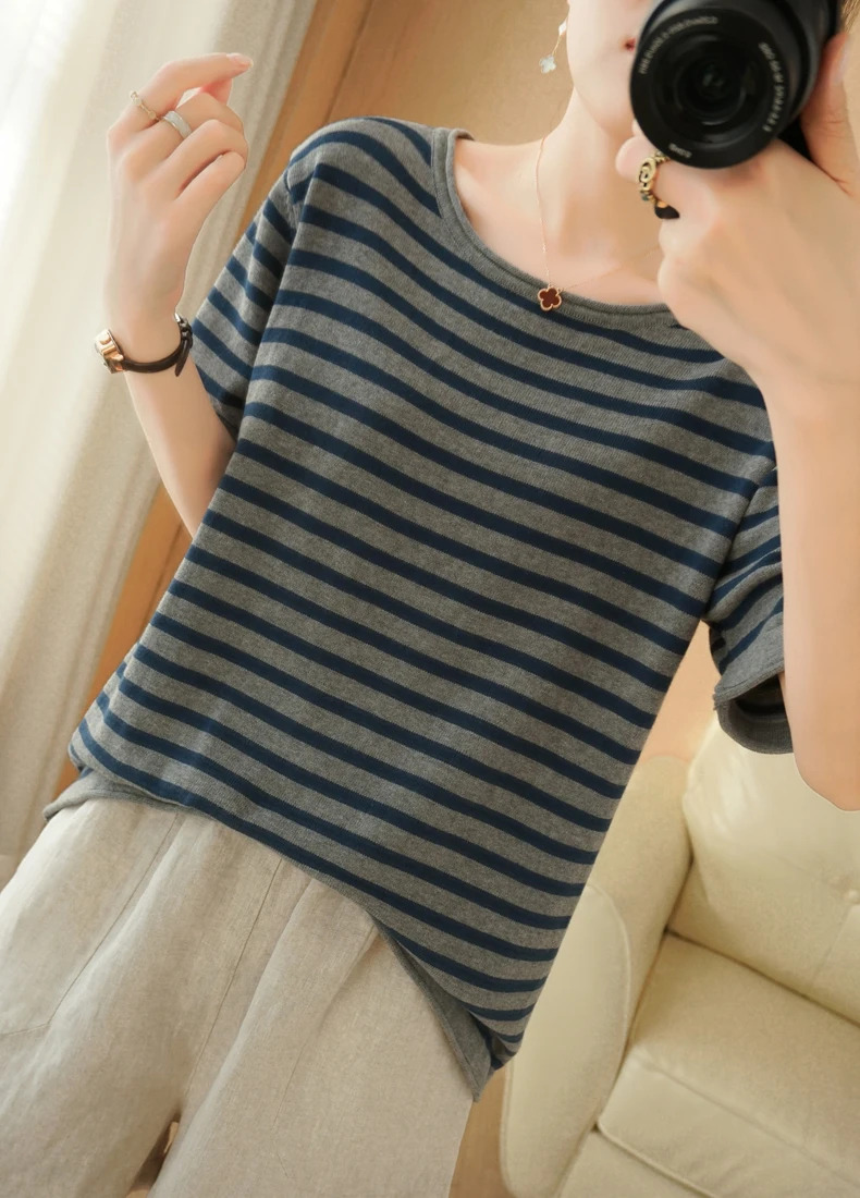 

Striped short sleeve T-shirt women's 2022 summer new foreign style loose cotton knitted top round neck half sleeve T-shirt