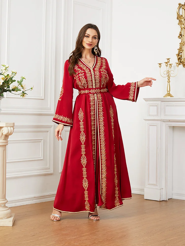 Red Kaftan Wedding Morocco Caftan Dubai Turkey Ramadan Women Long Dress Elegant Beads Dress with Belt Fashion Female Clothing