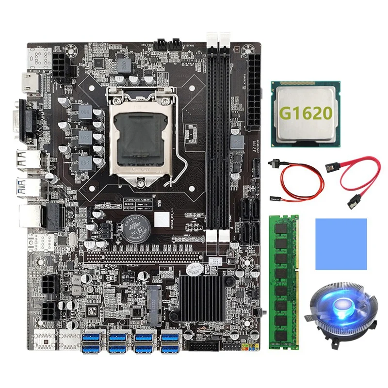 

B75 BTC Mining Motherboard LGA1155 8XPCIE USB3.0 G1620 CPU+SATA Cable+Thermal Pad+Cooling Fan+DDR3 8GB 1600Mhz RAM Miner