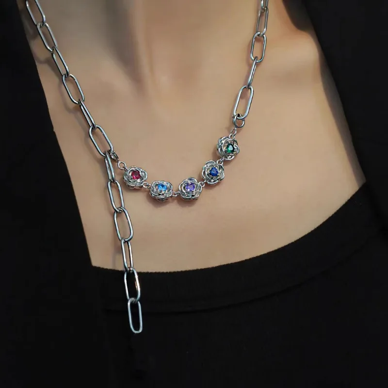 

PANJBJ 925 Sterling Silver Rose Chain Zircon Necklace for Women Girl Retro Metallic Bandwagon Jewelry Birthday Gift Dropshipping