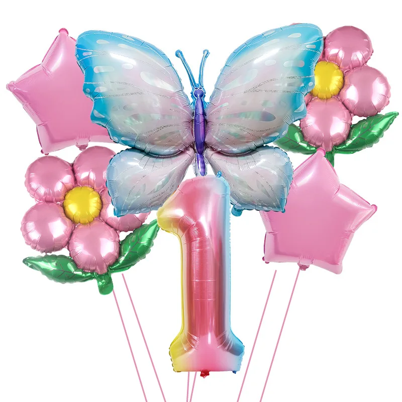 

8Pcs Pink Butterfly Flower Number Mylar Aluminium Foil Balloons for Butterfly Girl Party Birthday Girls Baby Shower Decorations