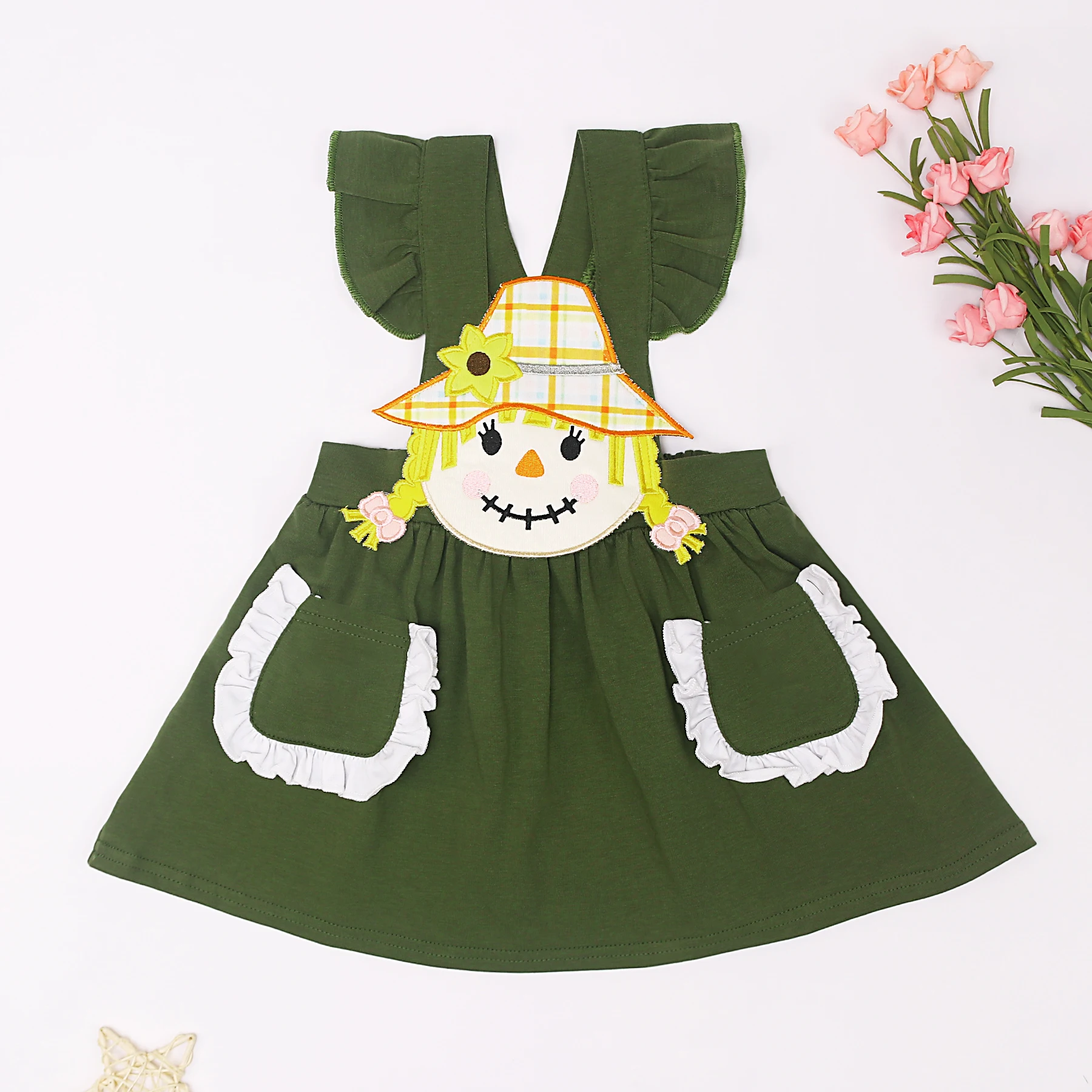 

Fall Childern's Skirt Baby Girls 1-8T Dress Clothes Set Scarecrow Embroidered Bodysuit Lace Outfits Infant Pocket Green Suit