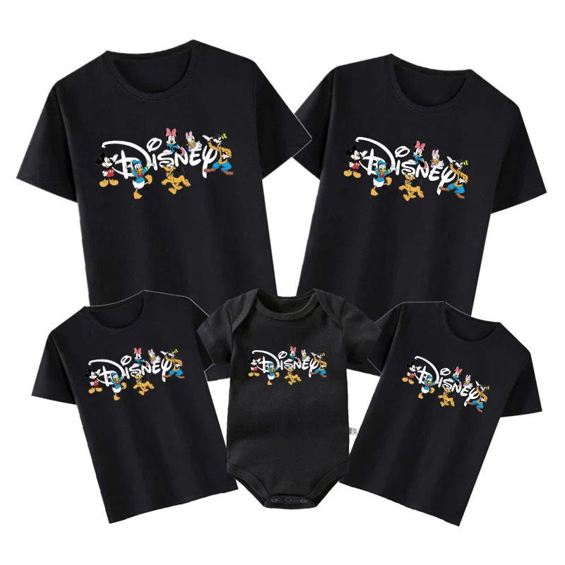 

2023 Family Disney Trip Shirts Cotton Mickey Minnie Mouse Print Matching Dad Mom Kids Tees Tops Baby Rompers Family Look Outfits
