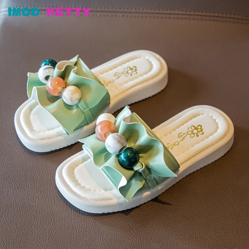 

Girls Outer Slippers 2022 Summer New Versatile Princess Fashion Pearl Korean Edition Cute Ruffle Hot Chic Casual Beach Sandals