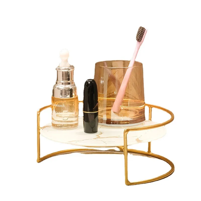 

Stainless Steel Bathroom Storage Rack Marble Pattern Glass Tray Washstand Cosmetic Storage Rack Bathroom Countertop Decoration