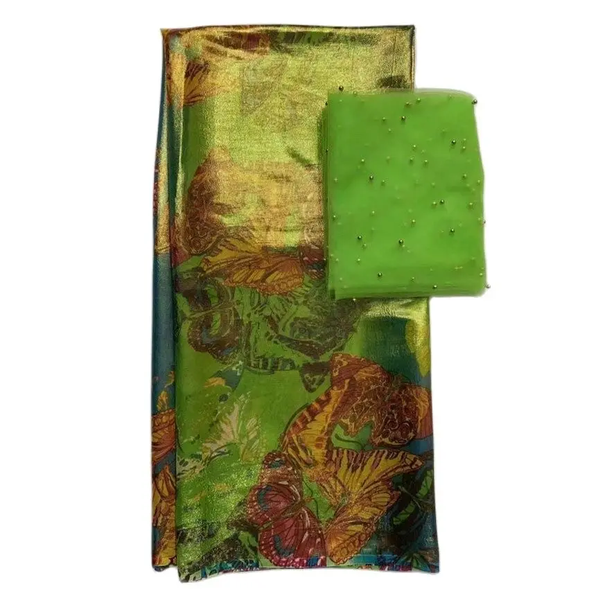 

Vintag Nenigeria ankara fabric Silk Gold Leather Suit Bazin Lace 5+2 Yards For Party Dress XB8D08117