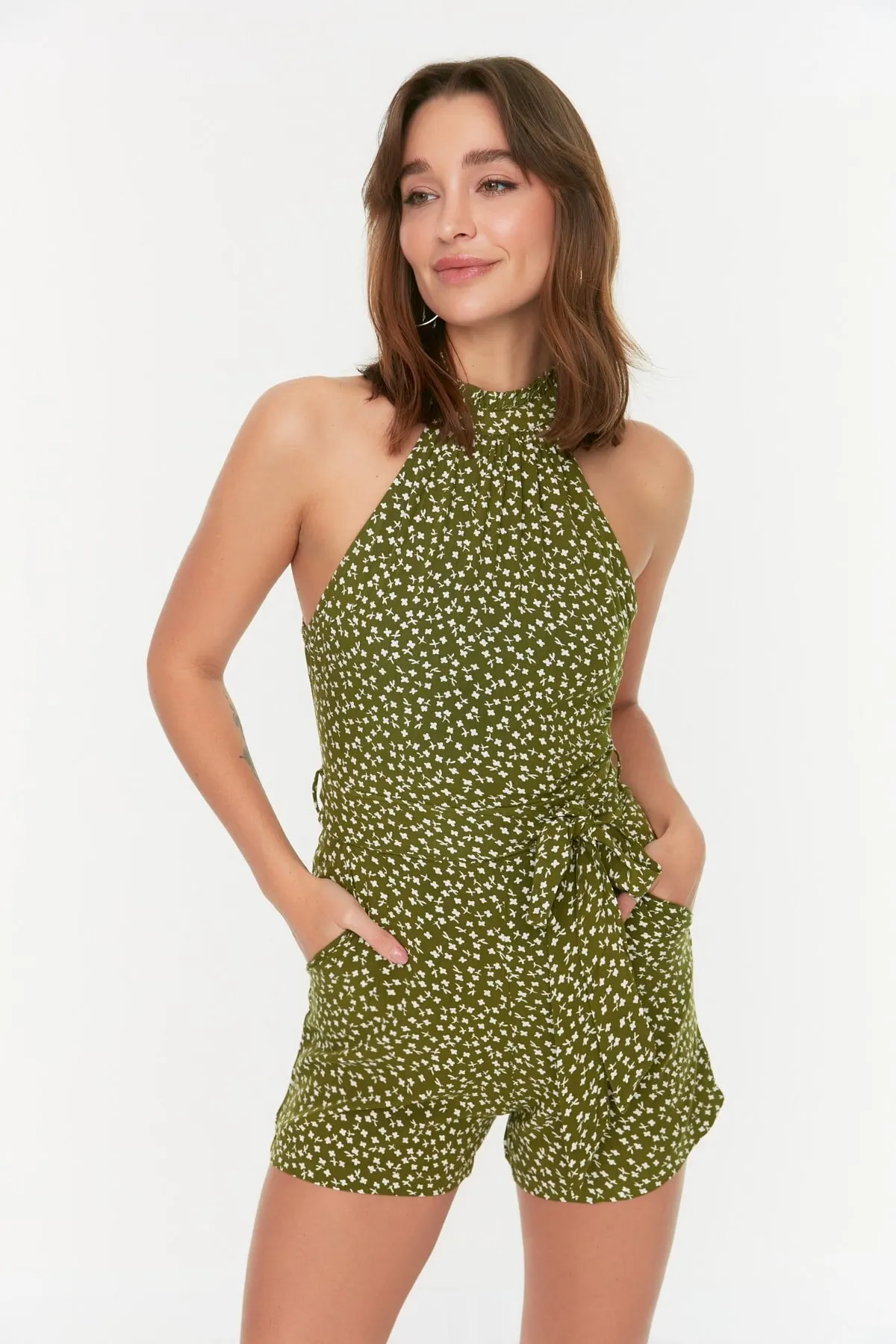 

Women's Overalls Green Belted Patterned Jumpsuit Hot Style Quality Fabric Sleeveless Baggy Trousers Casual Jumpsuit