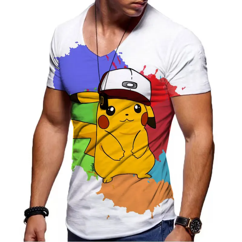 

Костюм покемона, футболка с V-образным вырезом, мужская рубашка с принтом Пикачу, модный уличный топ с короткими рукавами