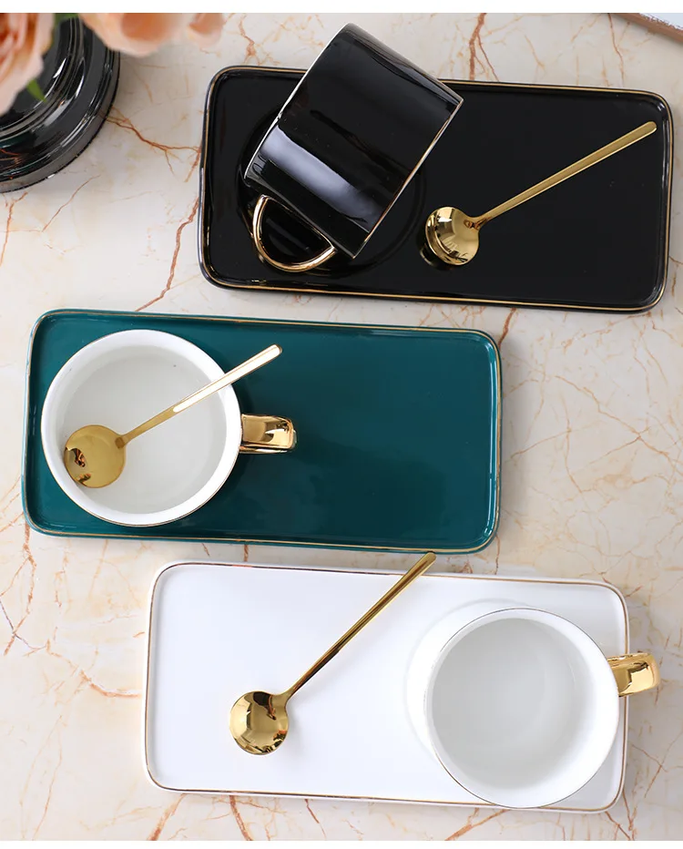 

European Ceramic Coffee Cup Set Mark Cup Snack Flat Plate Small Luxury Elegant Stroke Gold European Fresh Milk Drink Water Cup