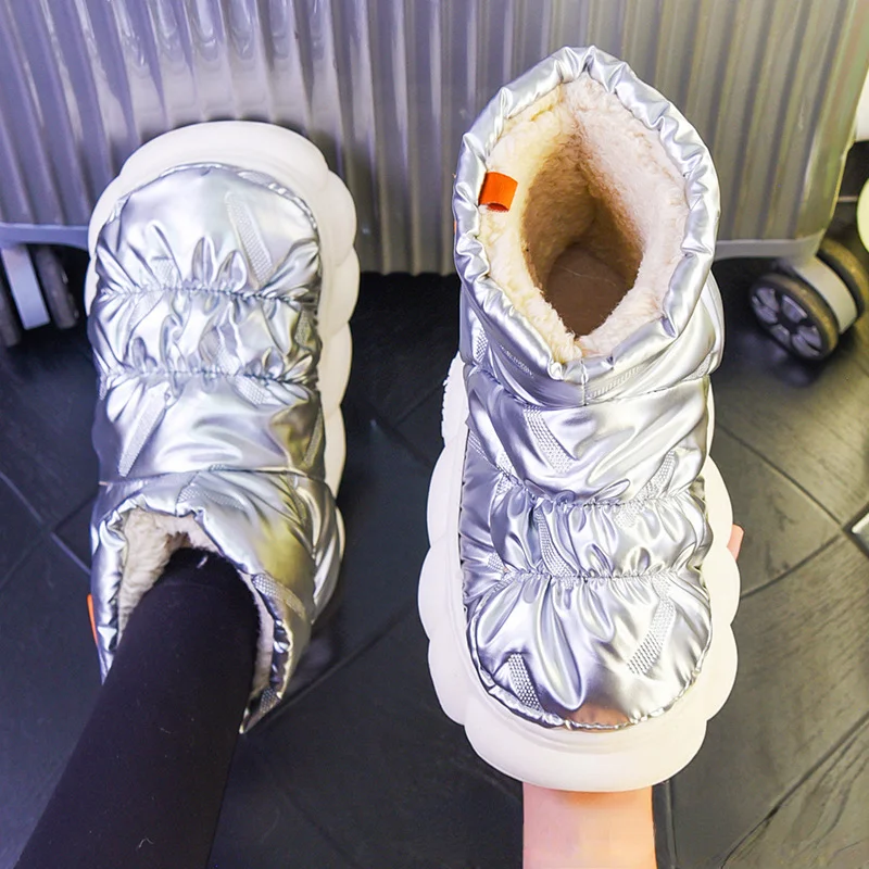 

Winter Women Fur Slippers Waterproof Warm Plush Slides Home Thick Sole Footwear Solid shiny Sandals Snow Boots Botas De Mujer