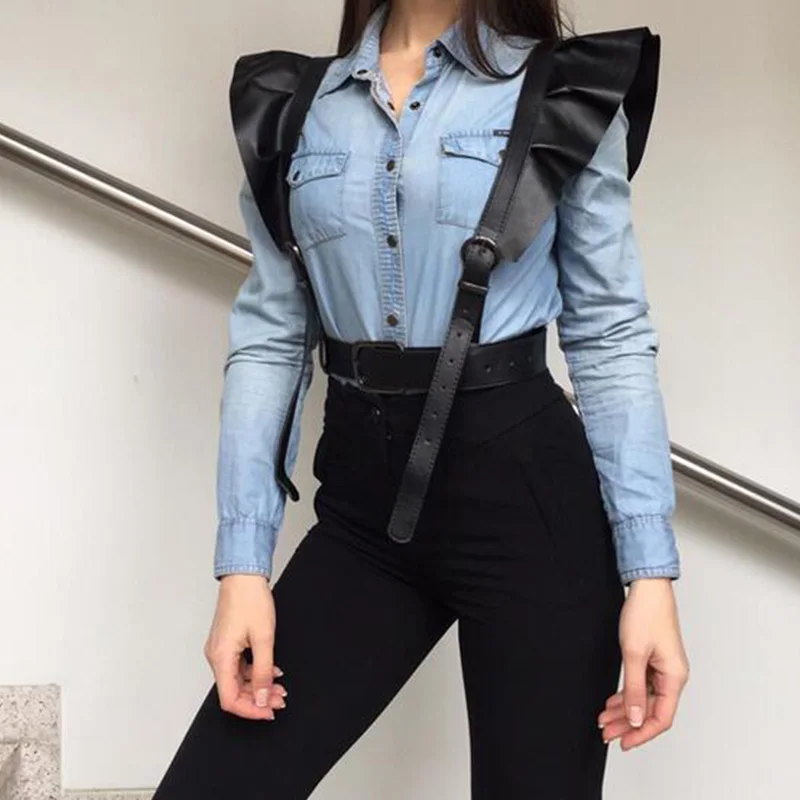

Black Faux Leather Harness Strap Belt Goth Harajuku Suspenders Waist Belt Double Shoulder Ruffled Slim Long Corset Waistband