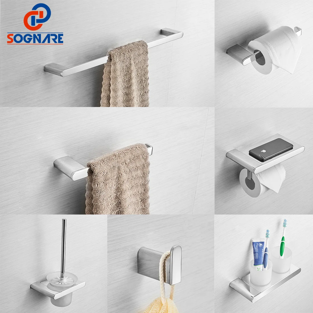 

SOGNARE 304 Stainless Steel Bathroom Accessories Nickel Brushed Cup Holder Toilet Paper Holder Towel Bar Hook Toilet Brush