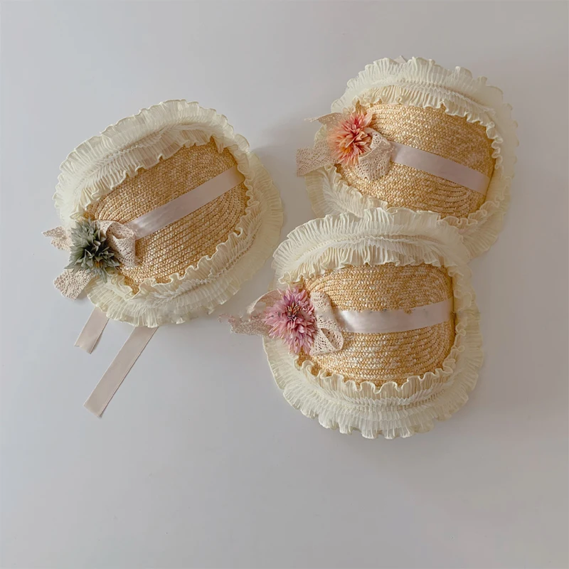 

French Style Summer New Straw Hat For Child Girls Vintage Lace Bow Flower Sunhat Basin Cap Kids Fashion Accessories Sunhat