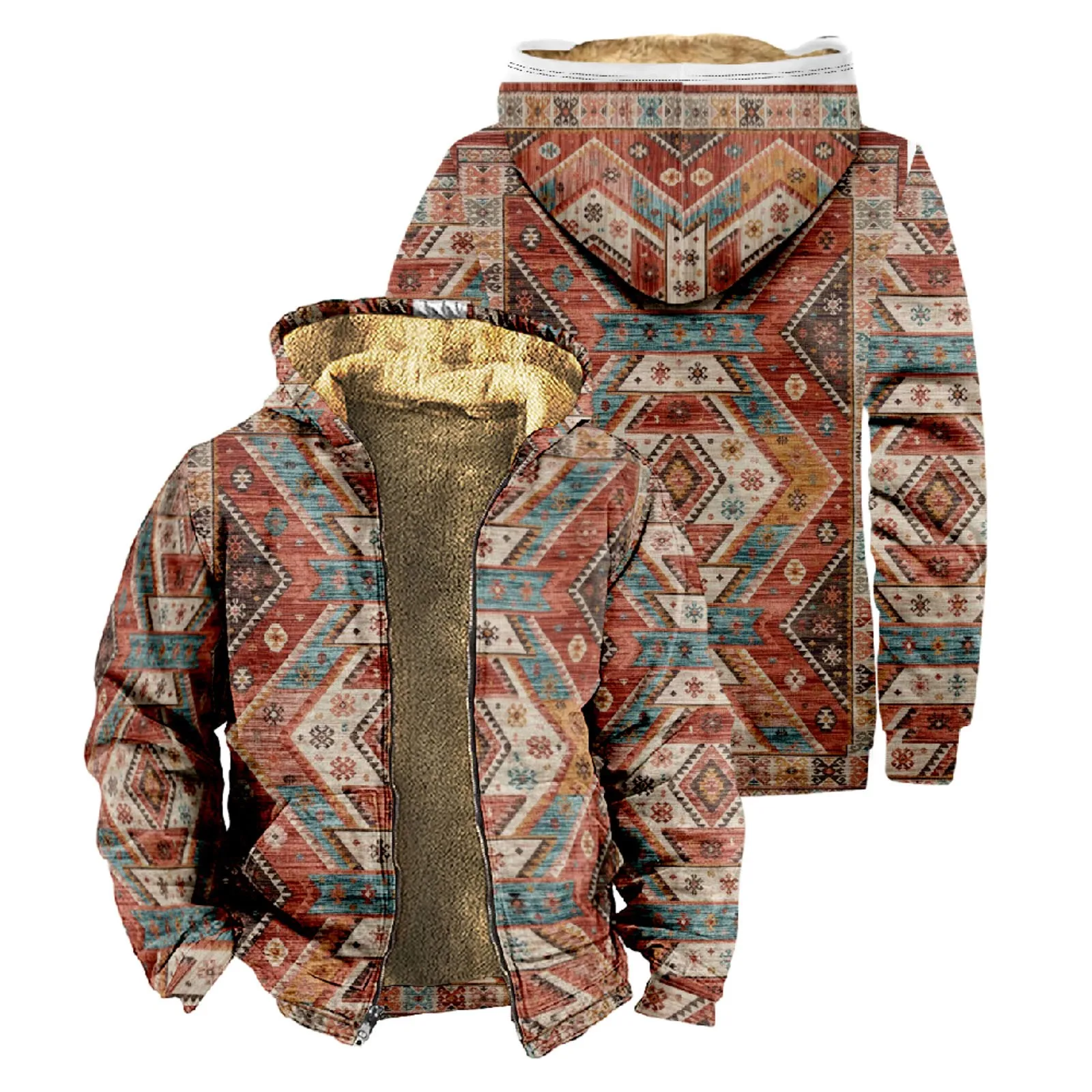 

Vintage Graphic Plush Lined Hoodie Winter Warm Ethnic Folk Sweatshirt Outerwear Leisure Sportswear American Style Men'S Sudadera