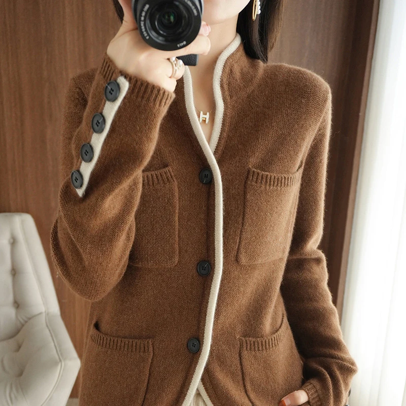 

100% Cashmere / Wool Sweater Autumn/Winter 2022 Women's Stand-up Collar Cardigan Casual Knit Tops Korean Plus Size Female Jacket