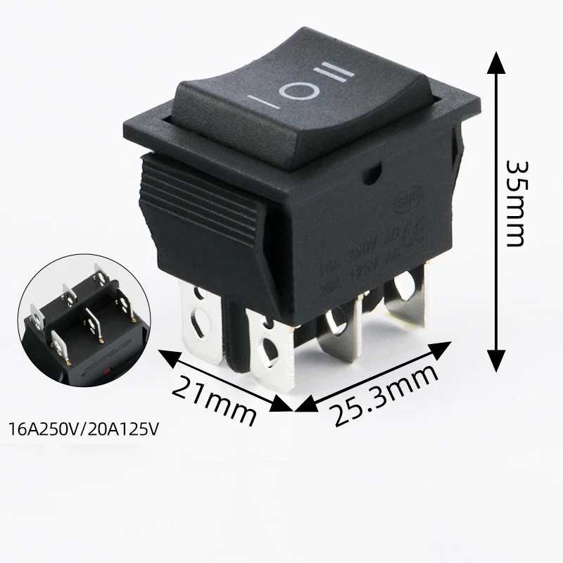 2PCS Rocker Switch 6 Pins 3 Position ON/Off/ON AC 20A/125V 16A/250V DPDT Car Boat Black