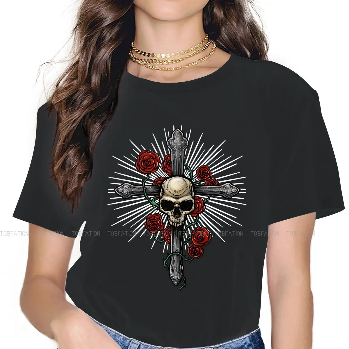 

Cross and Roses Classic Women's TShirt Mexican Skull Santa Muerte Girls Basic Tees Cotton Female T Shirt 5XL Humor Fashion Gift