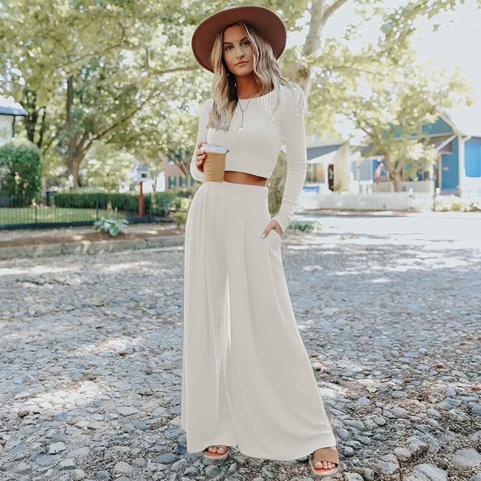 

Women'S Solid Color Outfits High Elastic Shaping Long Sleeve Wide Leg Pants Yoga Sports Two Piece Trousers Female Set Clothes