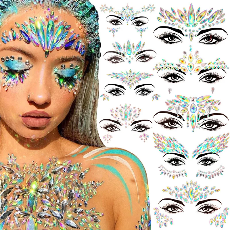 Sexy Face Tattoo Stickers Glitter Fake Tattoos Rhinestones for Woman Temporary Tattoos Party DIY Kids Holiday Face Jewels Tattoo
