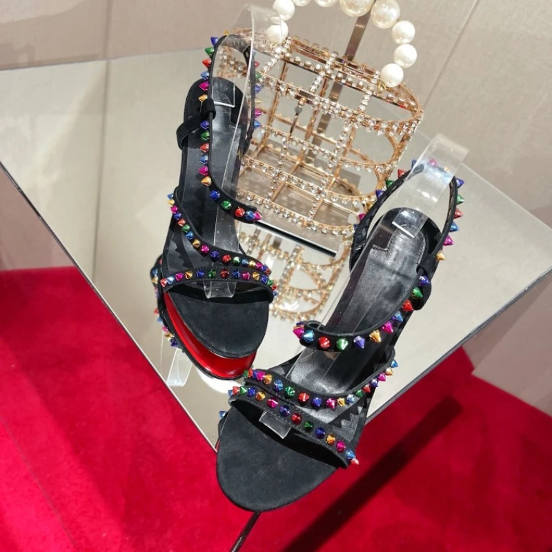 Summer New Color-blocking Rivets Word Buckle Hollow Stiletto Sandals Europe and The United States Roman High-heeled Sandals