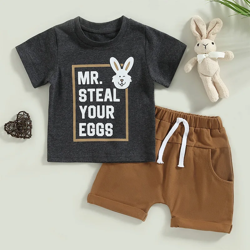 

Easter Summer Toddler Newborn Baby Boy Girls Clothes Rabbit Letter Print Short Sleeve T-shirts+Brown Pocket Shorts Child Outfits