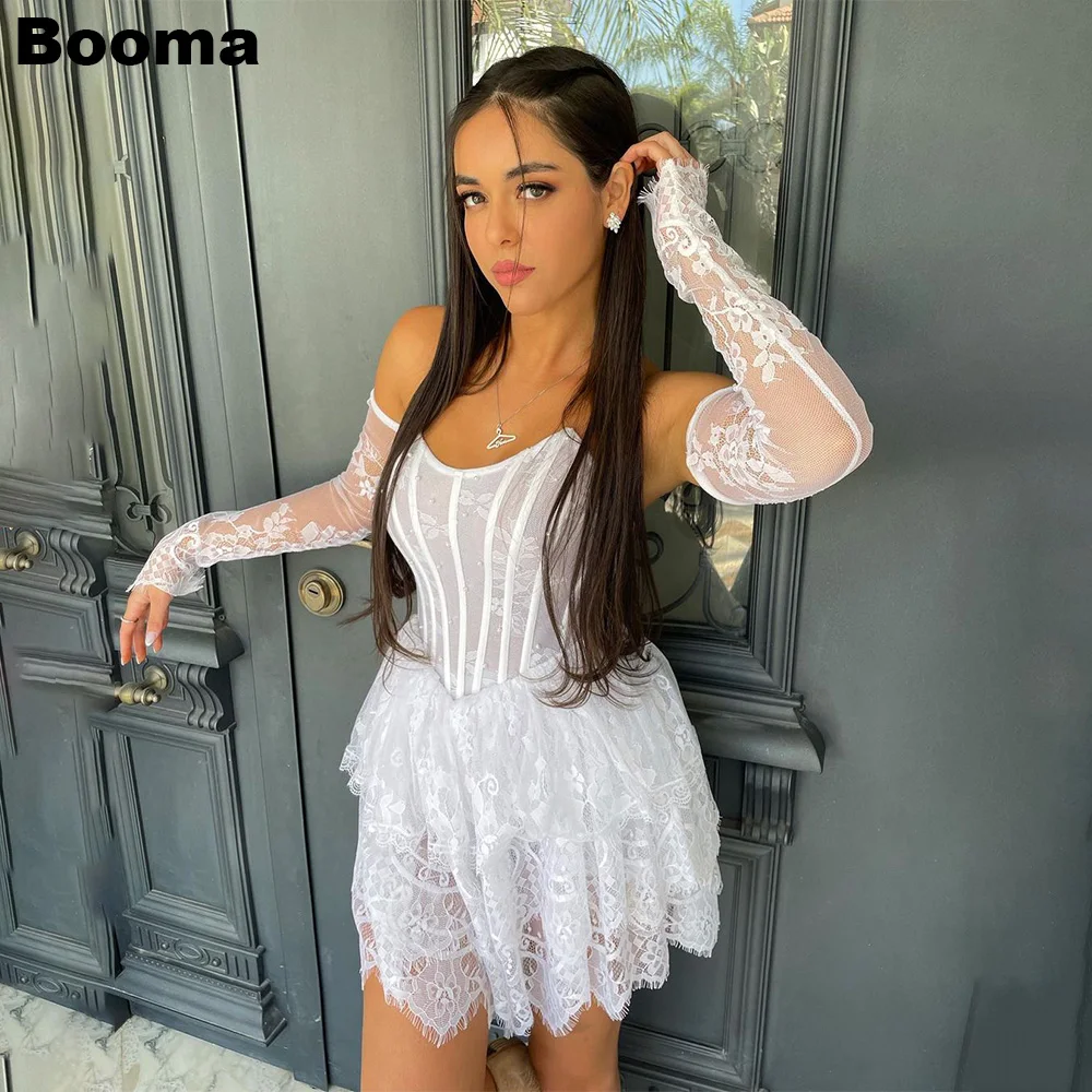

Booma A Line Мини-Свадебные Платья Милая Без Бретелек Без Рукавов Корсет Свадебная Вечеринка Платья Кружева Многоуровневые Платья Невесты для Женщин