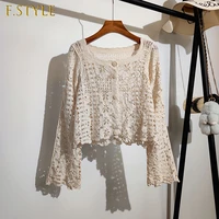 flare sleeved hollow out knitted women cardigan solid summer new 2021 square collar short empired female outwear coats tops
