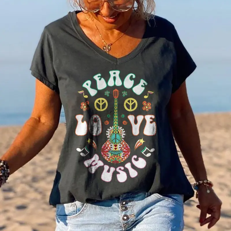 

Гитара в цветочек Peace Love Music напечатанные Графические футболки