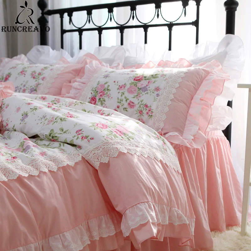 

Romantic Ruffle Luxury Duvet Cover Rose Print Bedding King Duvet Cover Lace Bed Set Princess Cotton Quilt Cover Duvet Set Queen