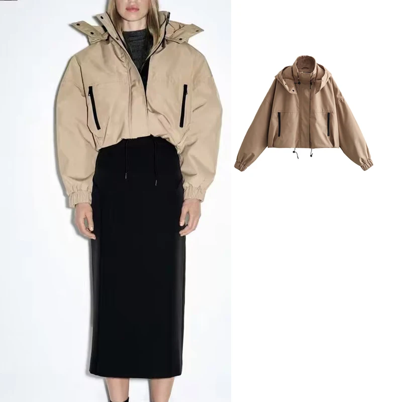 

Куртка женская с капюшоном, укороченная, с длинным рукавом