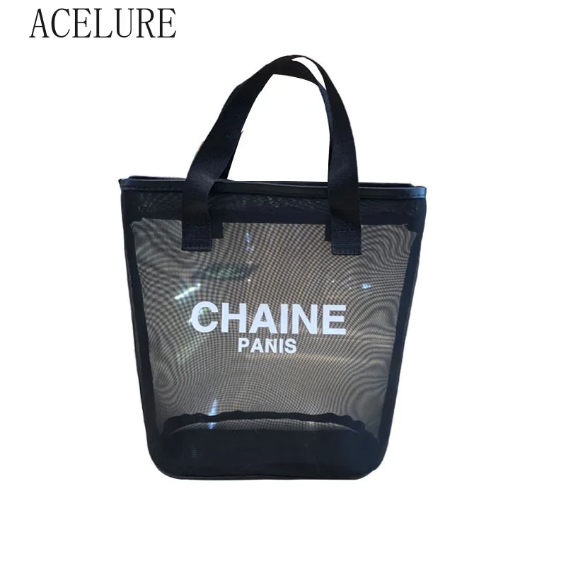 

ACELURE Large Capacity Black Mesh Bags Female Portable Beach Bag Men and Women Wash Bath Bag Handbag Makeup Bags