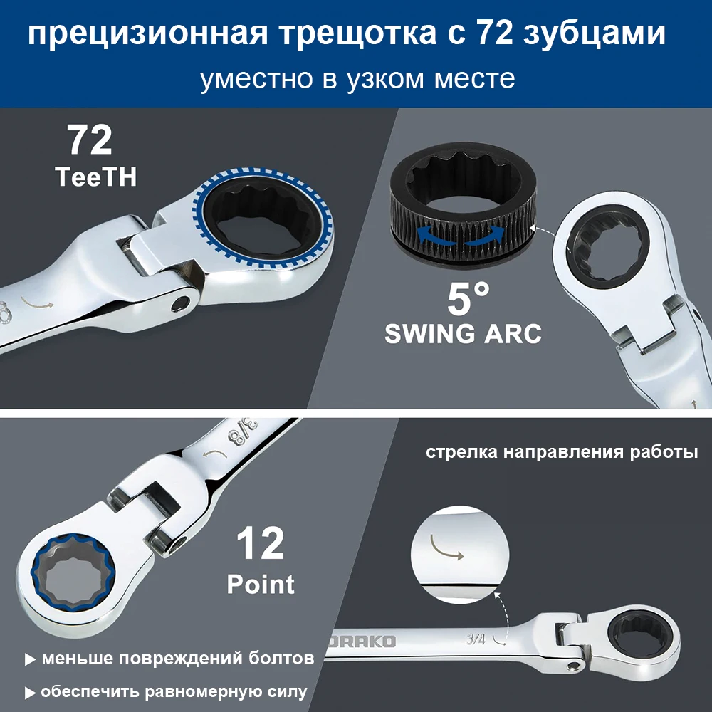 Набор гаечных ключей с храповым механизмом из хромованадиевой стали 8-19 мм