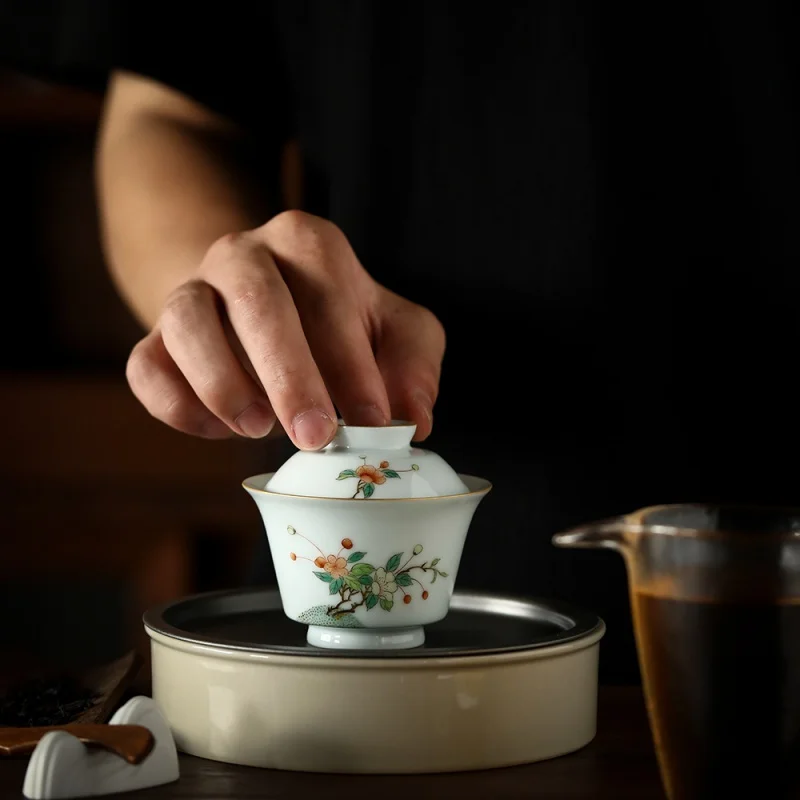 Фото ★ Manyuan Fangzhi Only Two Tureen Цзиндэчжэнь Китайский традиционный фарфоровый чайный сервиз с ручной росписью кунг-фу Розовый цвет Золотая крышка чая №4