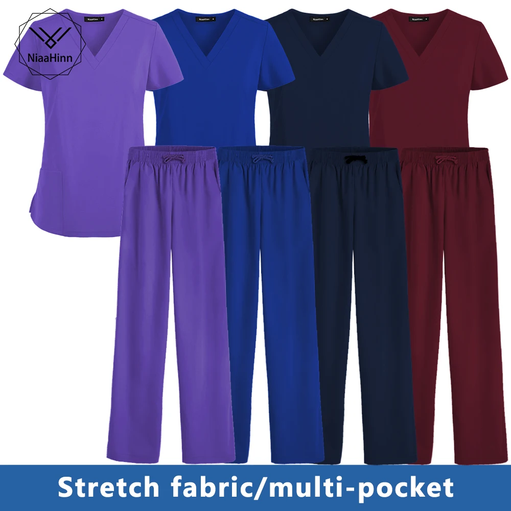 

Summer Women Wholesale Work Clothes Solid Color V Neck Pocket Care Workers Suit Workwear Nurse Uniform Clinic Elastic Blouse Set