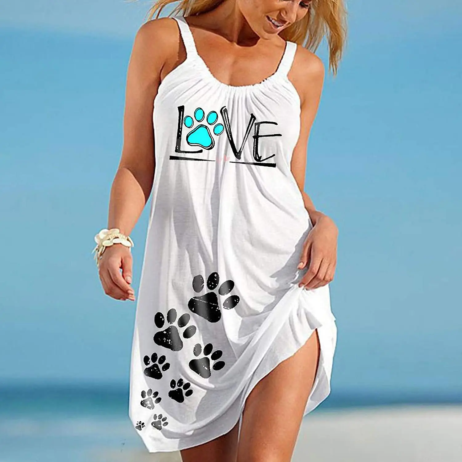 

Vestido de Summer amor golfinho impresso sexy praia midi vestido vintage vestidos sem mangas borboleta beachwear meninas 2022