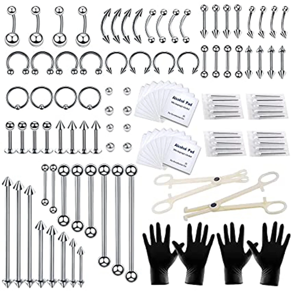 

118 PCS Mixed Body Piercing Set Including Tool Piercing Jewelry Nose Nail Lip Nail Eyebrow Nail Cartilage Nail for Men Women