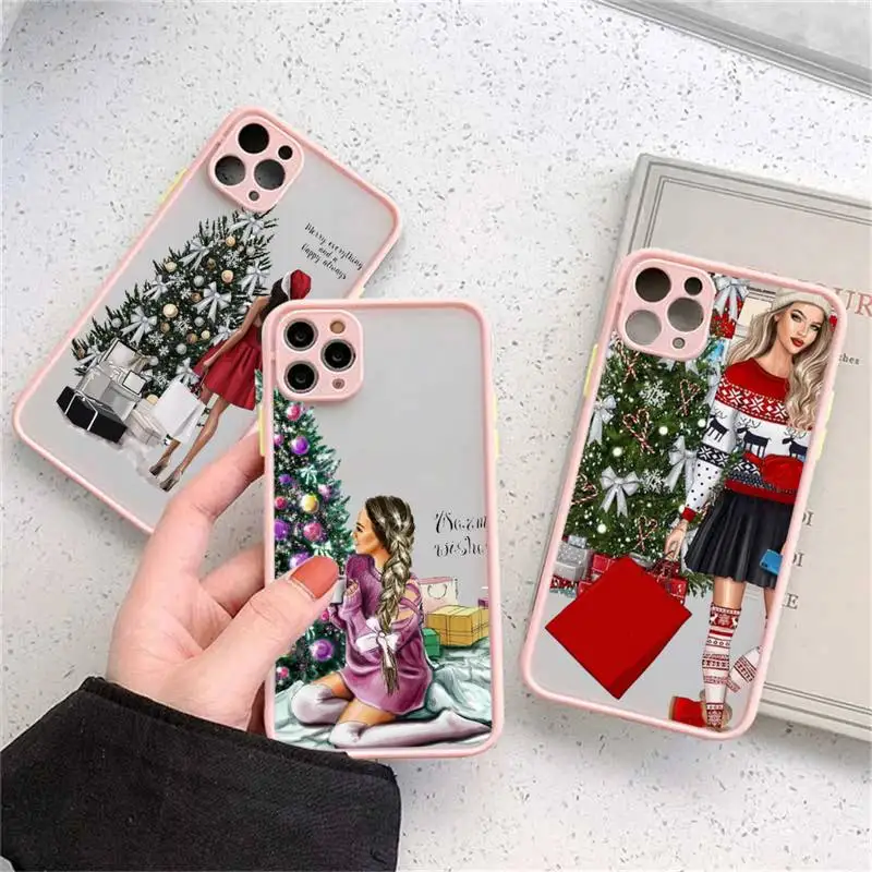 

Merry Christmas tree Brown Hair Girl Phone Case matte transparent For iphone 11 12 13 7 8 plus mini x xs xr pro max cover