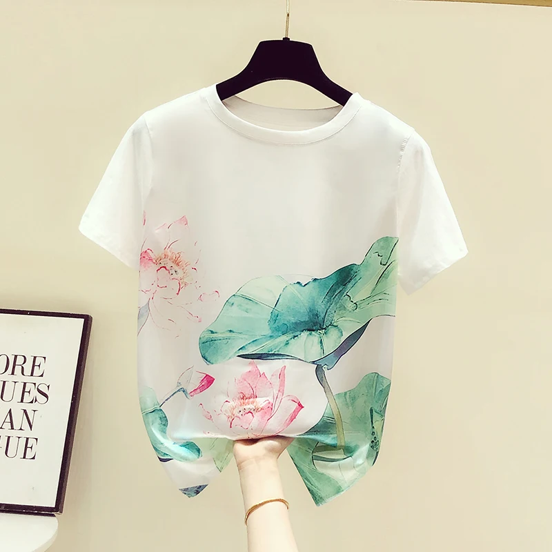 

Summer Women's T-shirt Short Sleeve Top Korean Fashion O-neck Nylon Cotton Casual Printing Straight Tees Houthion