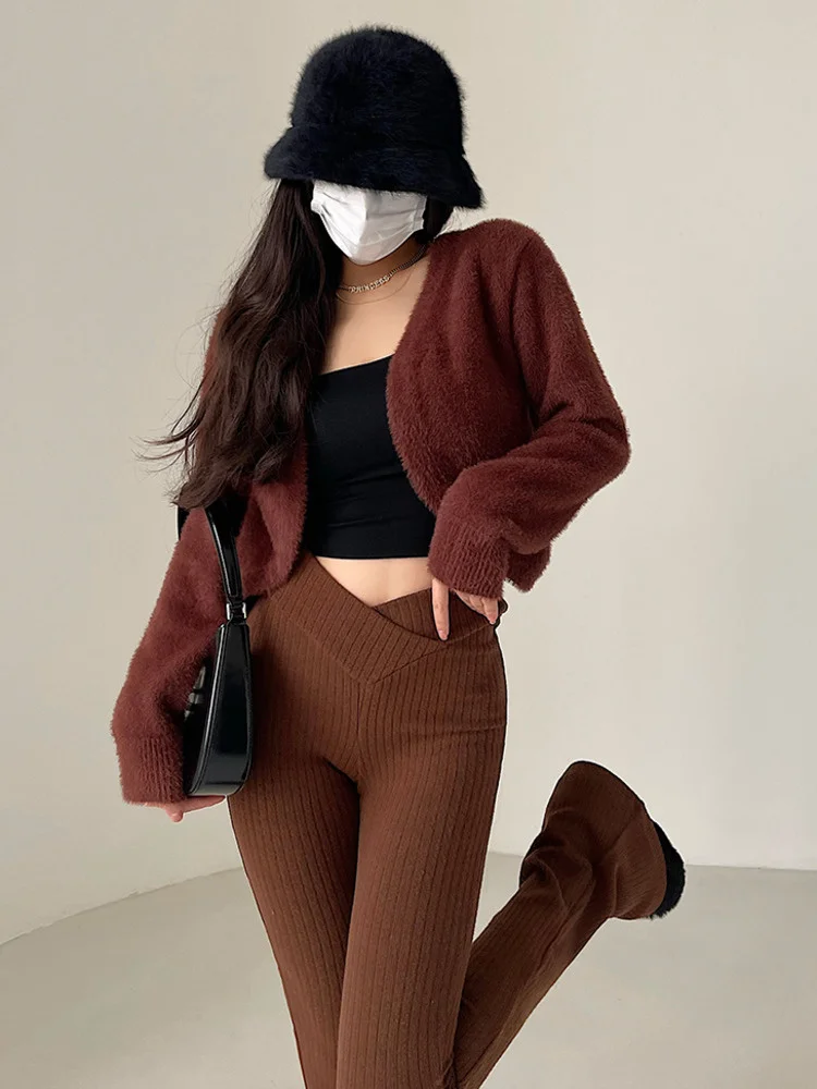 

Милый осенне-зимний свитер, топы, пикантный приталенный флисовый вязаный кардиган, Топ с длинным рукавом, Короткая шаль, корейский женский с...