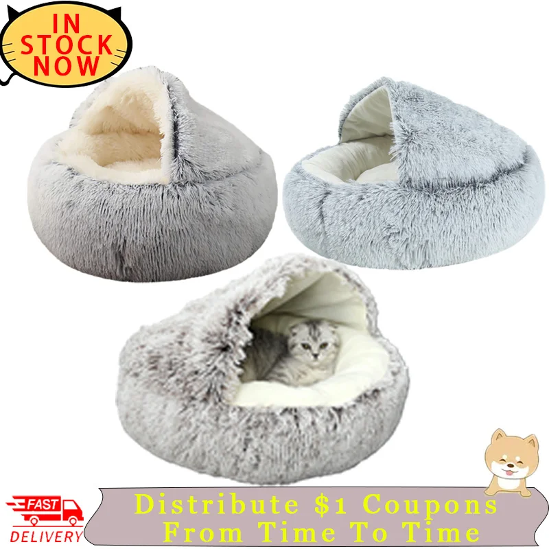 

Semi-closed Fluffy Warming Cat Cave Bed Calming Dog Bed House Anti-Anxiety Donut Dog Cuddler Bed Machine Washable Round Pet Bed