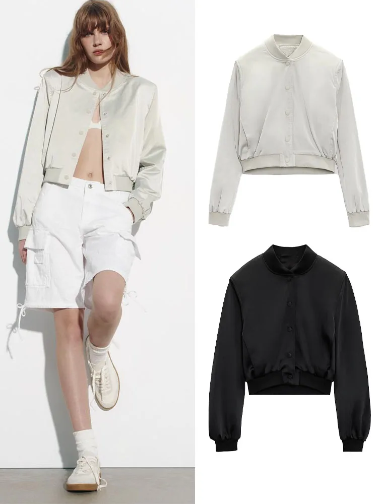 

Женская короткая куртка, Новинка лета 2023, универсальная короткая куртка-бомбер с круглым вырезом и длинными рукавами, шелковая атласная текстура