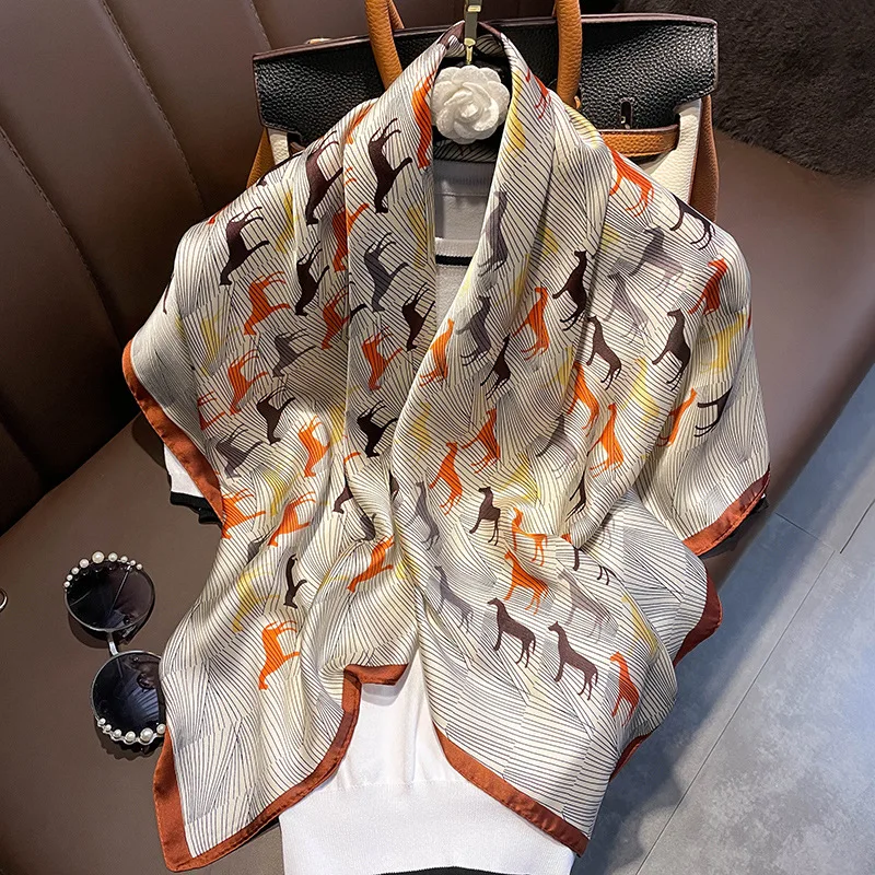 

2022 New Pony Print Soft Imitation Silk Scarf Women Spring Autumn Decorative Square Scarf Sunscreen Shawl 90cm Shawl Beach Towel